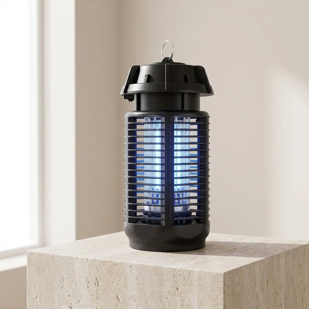 A black electric fly trap with a glowing blue insect-catching grid, sitting on a light beige stone pedestal in a softly lit indoor setting.