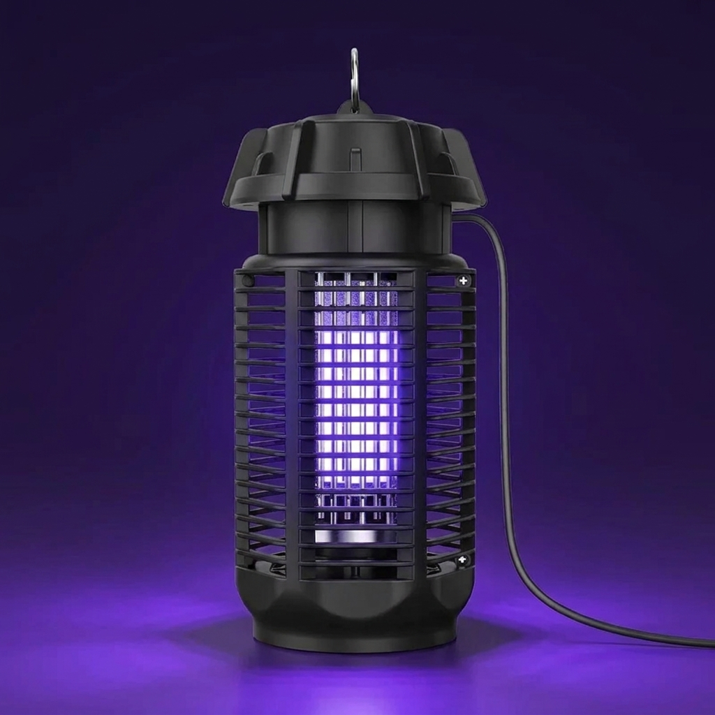 A black electric fly trap lamp with a glowing purple UV light tube inside a protective cage, shown on a dark purple gradient background with a power cord extending to the right.