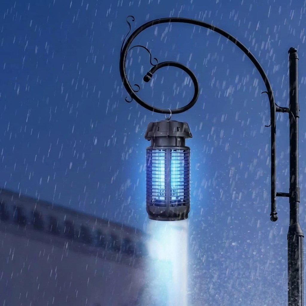 A hanging electric fly trap light with a glowing blue cage and bright downward beam, shown outdoors in the rain against a dark blue night sky.
