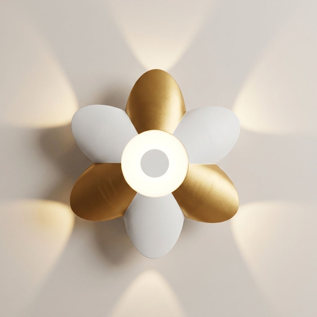 A modern flower-shaped wall sconce light fixture with five petals, alternating in matte white and brushed gold, with a glowing circular light center, mounted on a warm off-white wall.