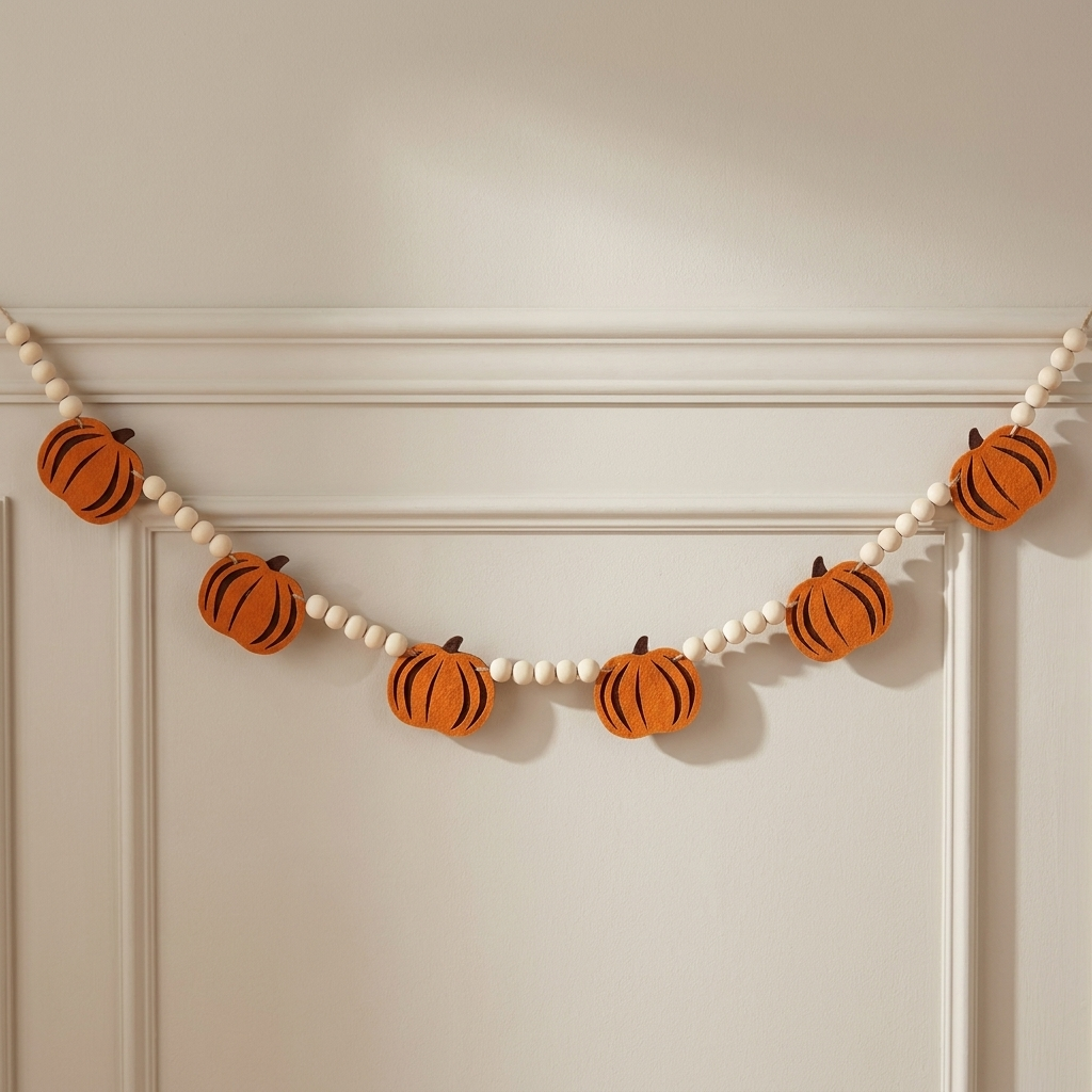 Pumpkin garland with orange felt pumpkin ornaments and white wooden beads hanging on a cream paneled wall.