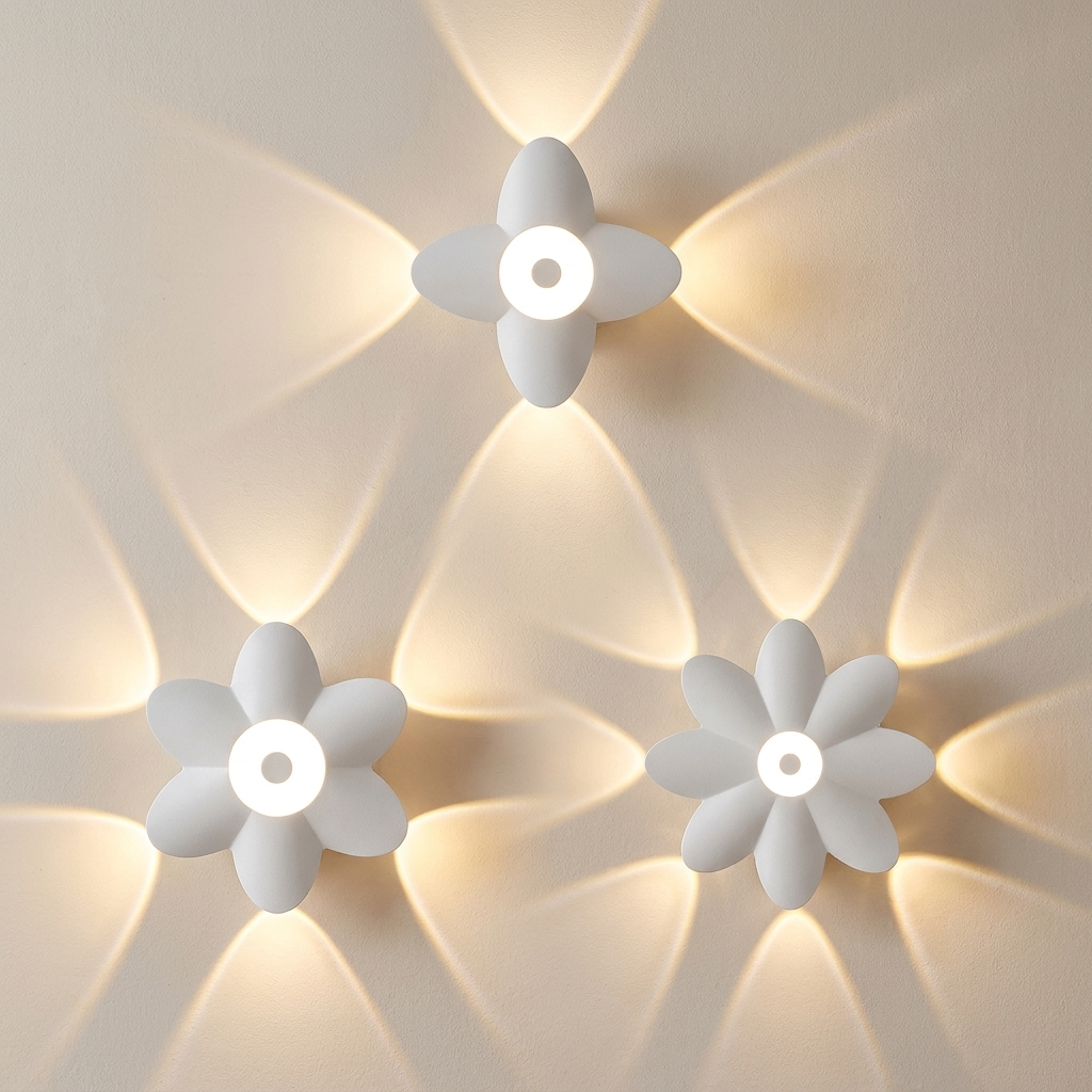 Three white flower-shaped wall sconces mounted on a beige wall, each casting a warm yellow light in a starburst pattern.