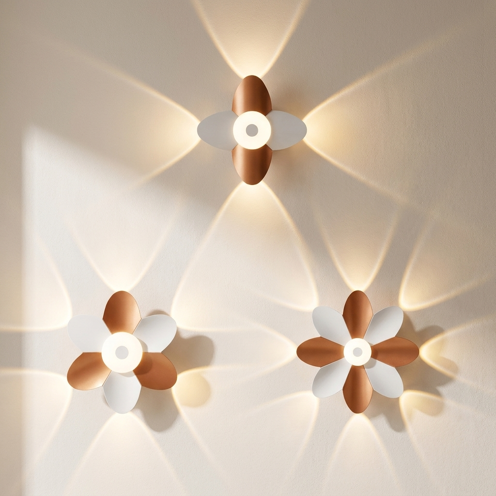 Three flower-shaped wall sconces with white petals and warm copper-brown centers, mounted on a beige wall and casting soft light beams.