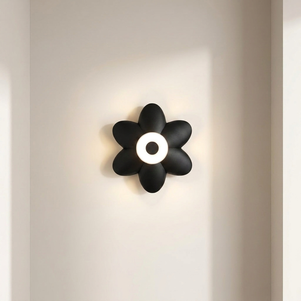 A black flower-shaped wall sconce with a glowing white circular center, mounted on a warm off-white wall.