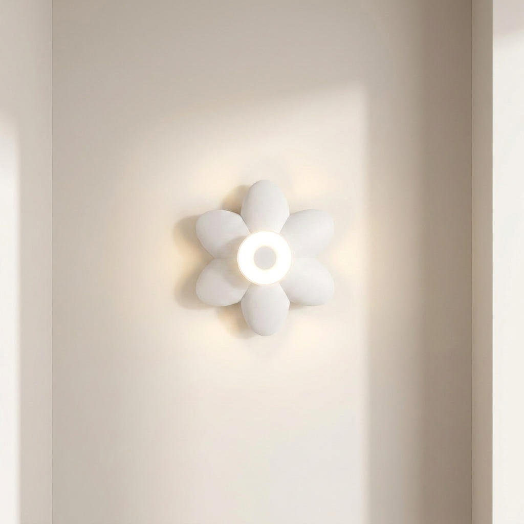 A white flower-shaped wall sconce with a glowing circular center, mounted on a warm beige wall.