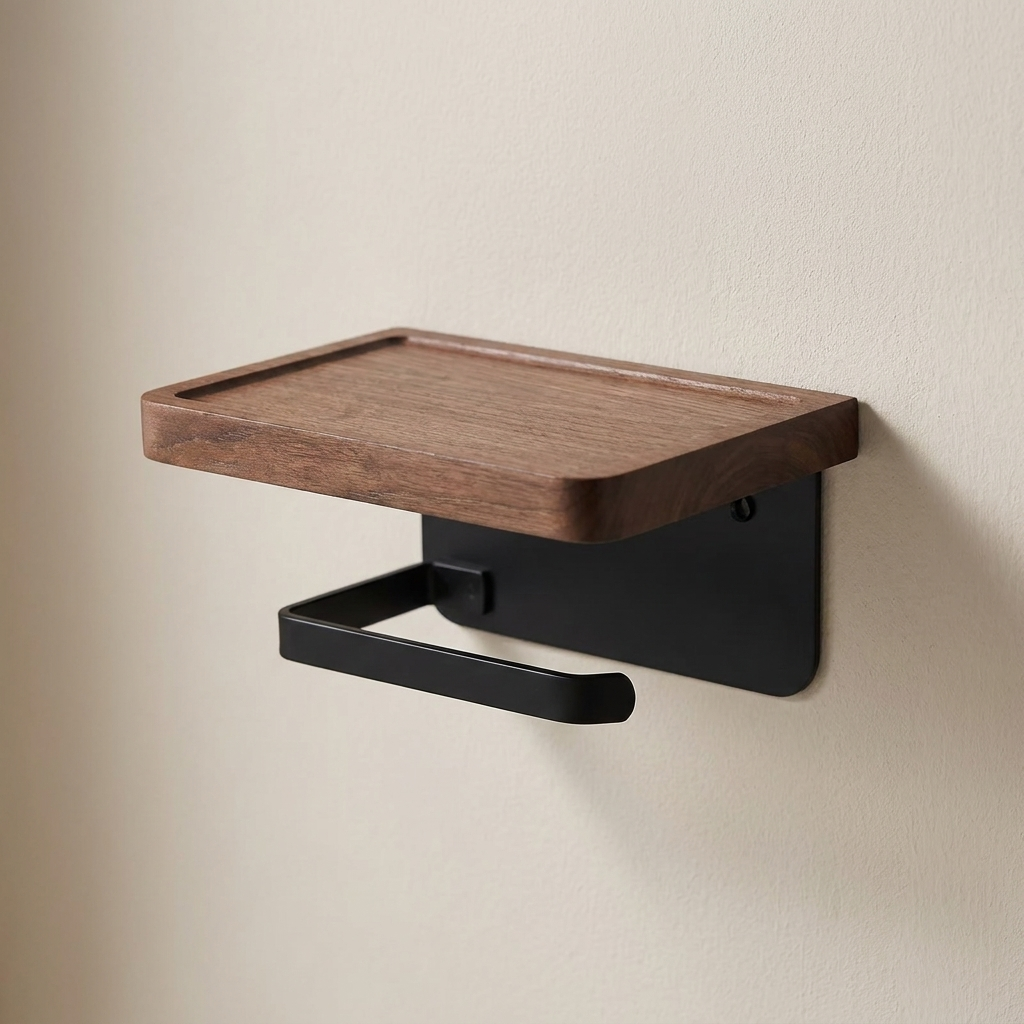 Toilet Paper Holder with Shelf, Wall Mounted, Matte Black, Rounded Corners