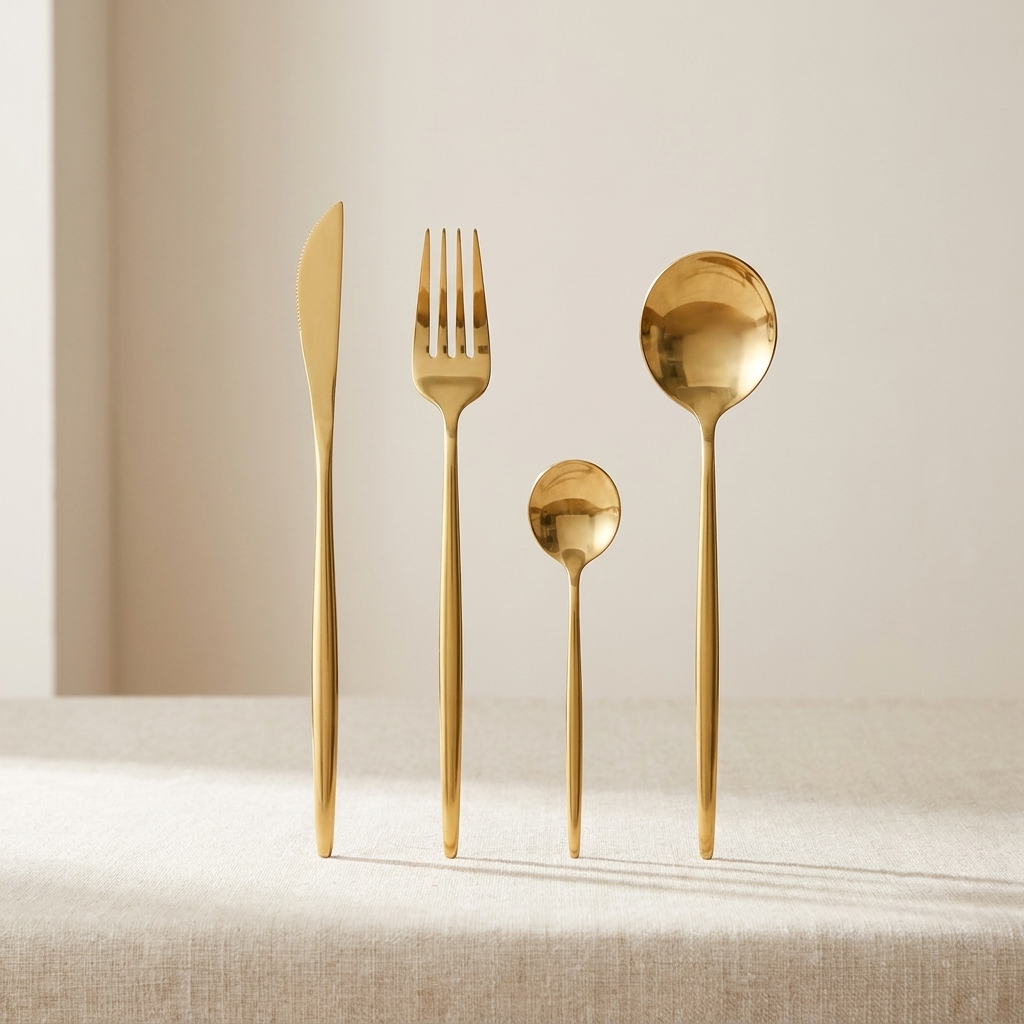 Four-piece gold flatware set with polished handles, standing upright on a light beige textured surface against a soft beige background.