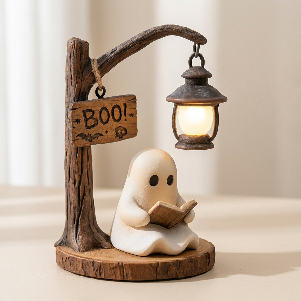 A decorative tabletop figurine featuring a small cream ghost reading a book, seated on a round wood base beside a faux tree post with a hanging lantern and a wooden sign that says “BOO!”, photographed against a soft neutral indoor background.