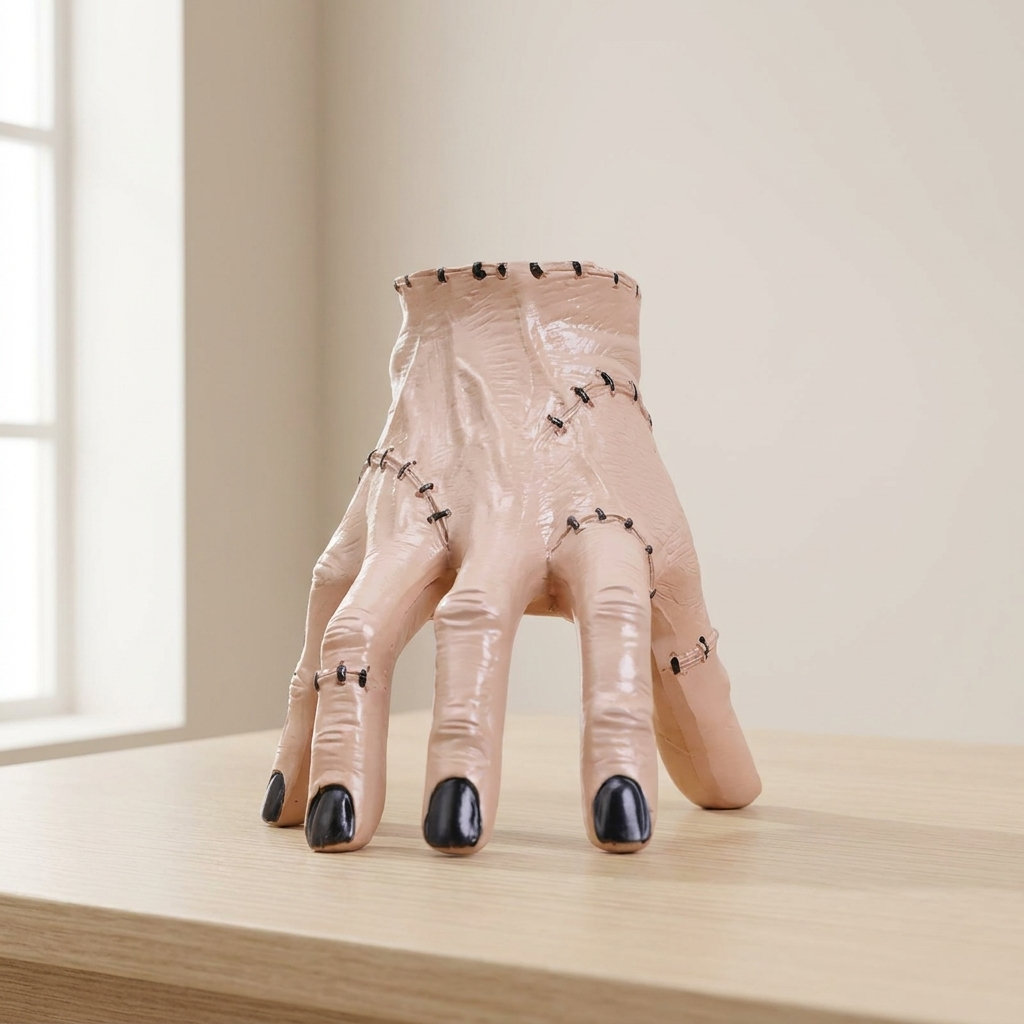A severed hand prop with stitched skin and glossy black fingernails, displayed on a light wood tabletop against a soft beige indoor background.
