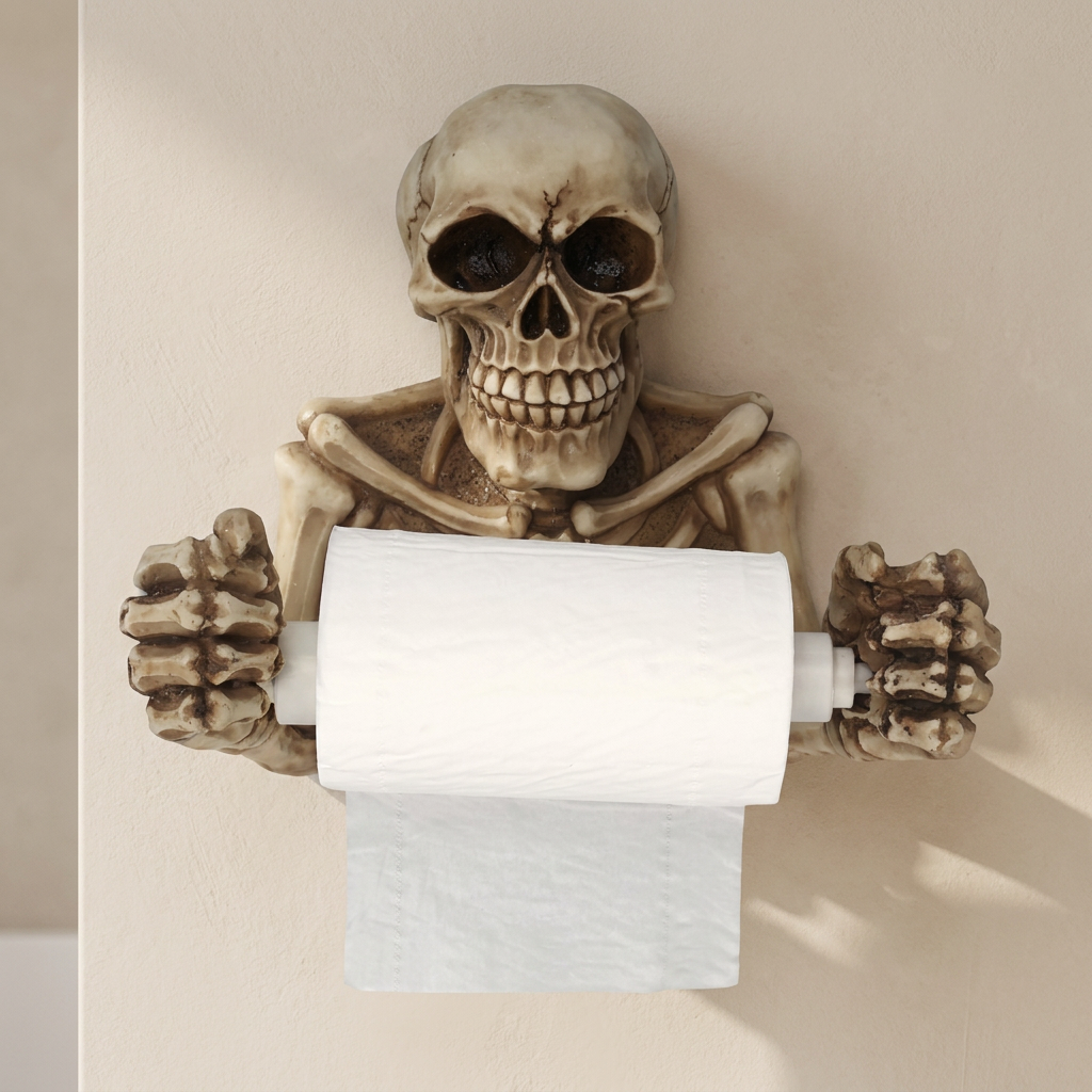 A decorative skeleton toilet paper holder mounted on a beige wall, holding a white roll of toilet paper.