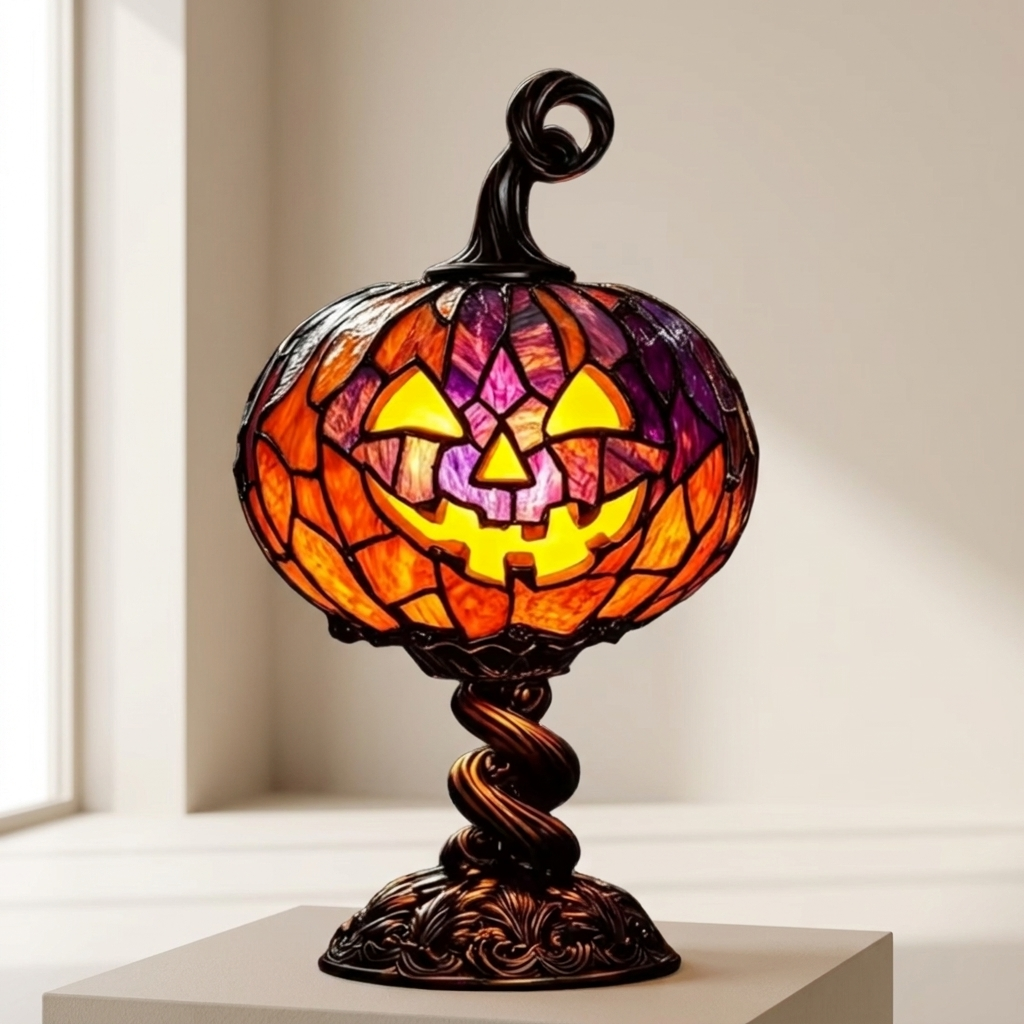 A stained-glass-style jack-o'-lantern table lamp with a carved pumpkin face, glowing yellow eyes and mouth, and orange, purple, and amber glass panels, mounted on an ornate dark bronze twisted pedestal base.