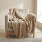 Knitted Throw Blanket, Lightweight, Breathable, Fringed Edges