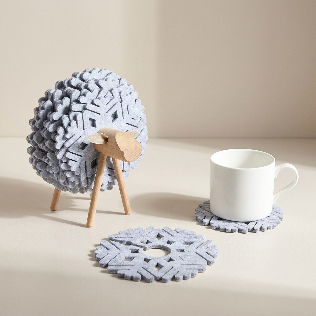 A styled product shot featuring a light blue-gray felt snowflake-shaped trivet and matching coasters, with one coaster supporting a white ceramic mug. The set is arranged on a warm beige surface with a matching background, including a decorative felt sheep on a small wooden stand.
