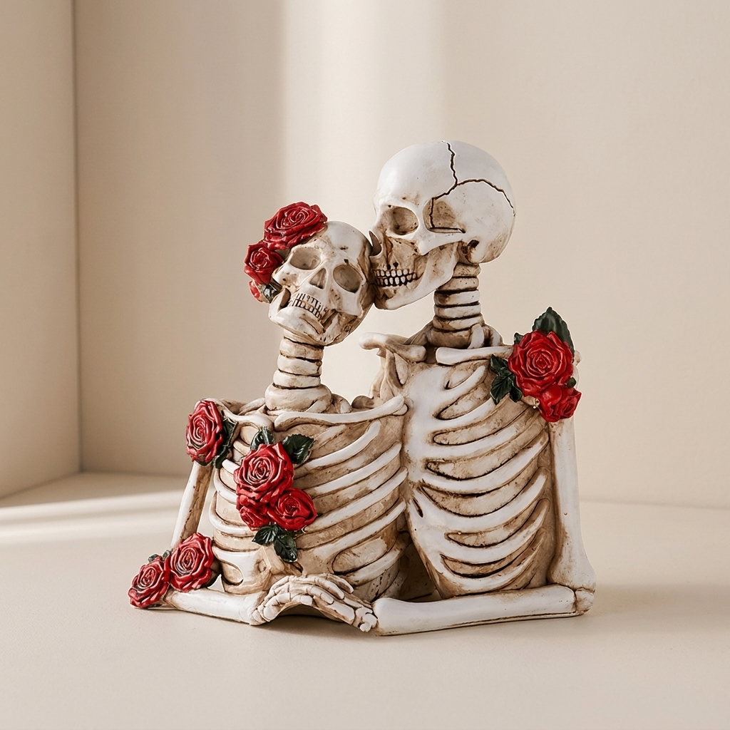 Skeleton Couple Sculpture, Gothic Romance, Rose Detail, Two Styles
