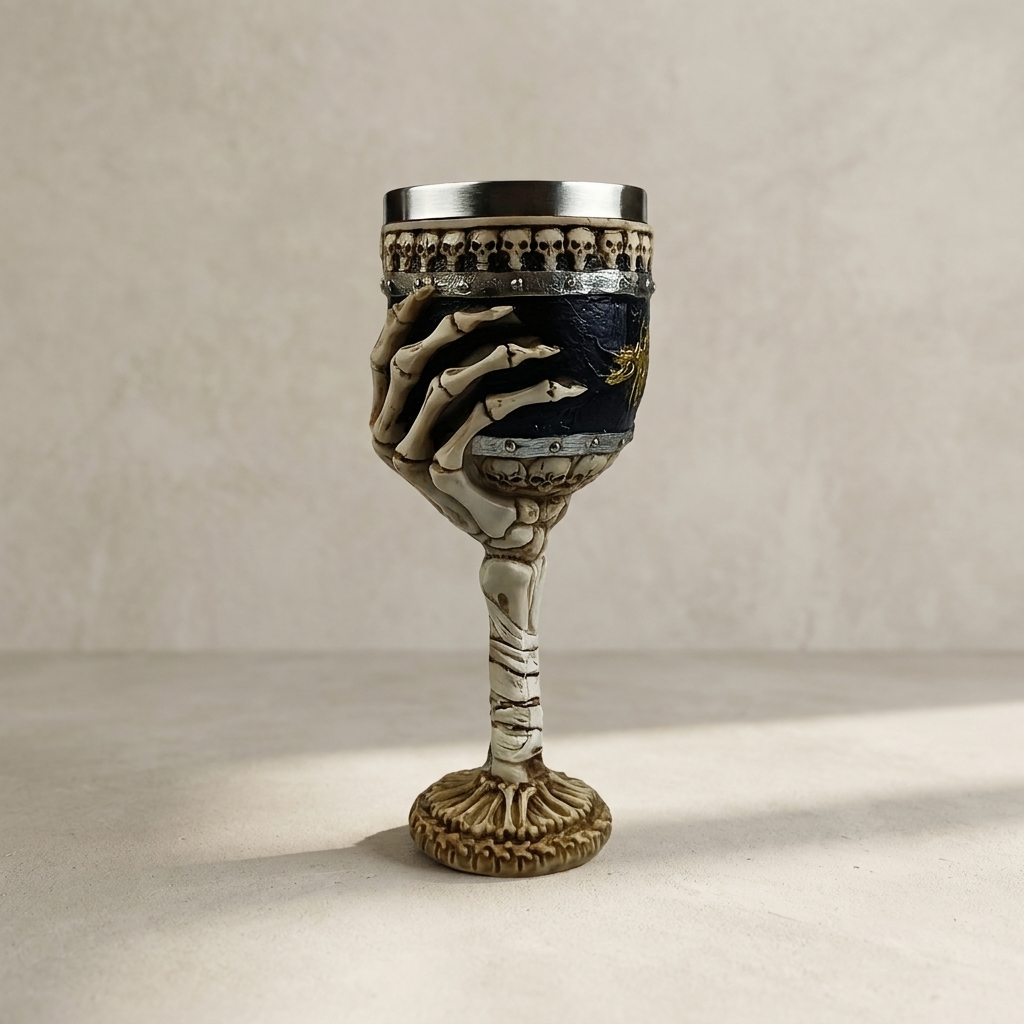 A decorative goblet with a skeletal hand holding the bowl, featuring a dark blue and gold patterned body, a silver rim, and a bone-styled stem and base, photographed against a neutral textured beige background.