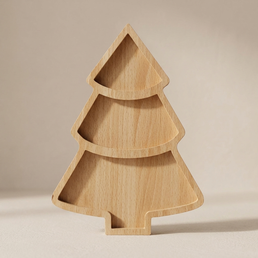 A light natural wood three-tiered tray shaped like a Christmas tree, set against a neutral beige background.