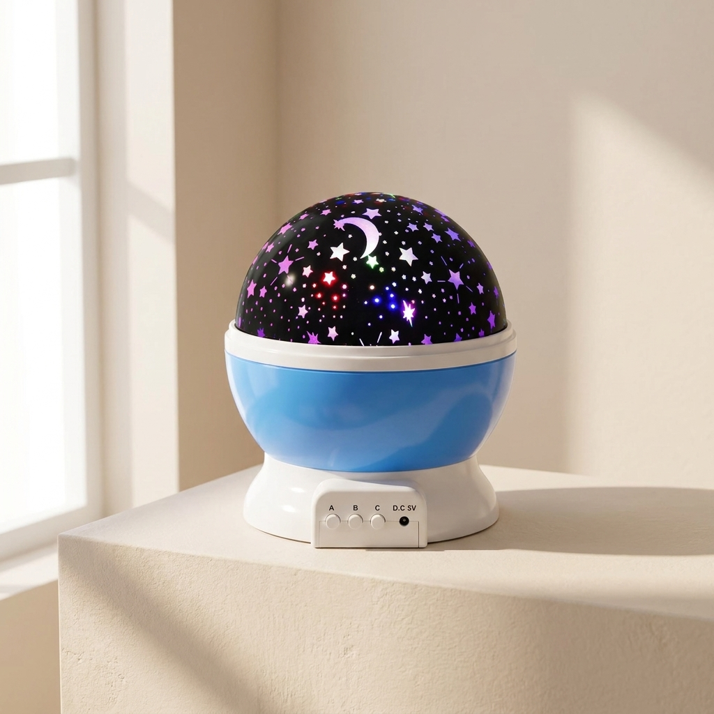 A small tabletop night light with a blue and white globe base and a starry sky dome that projects multicolor stars and a crescent moon, shown on a beige pedestal in a softly lit room.