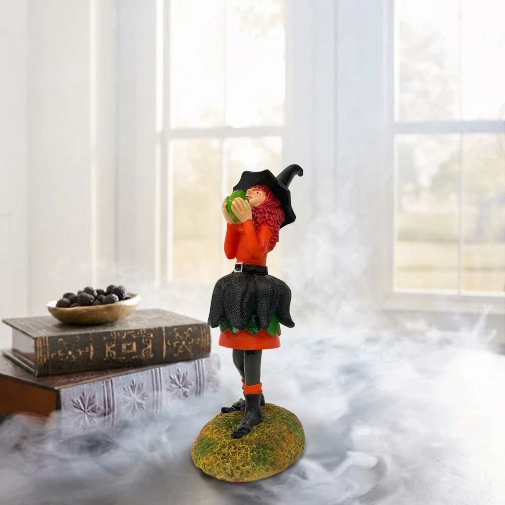 A small witch figurine stands on a round base in a styled indoor scene with a window, books, and a bowl of dark berries. The figurine has red hair, a black hat and skirt, an orange top, and black boots, holding a green apple near its face.