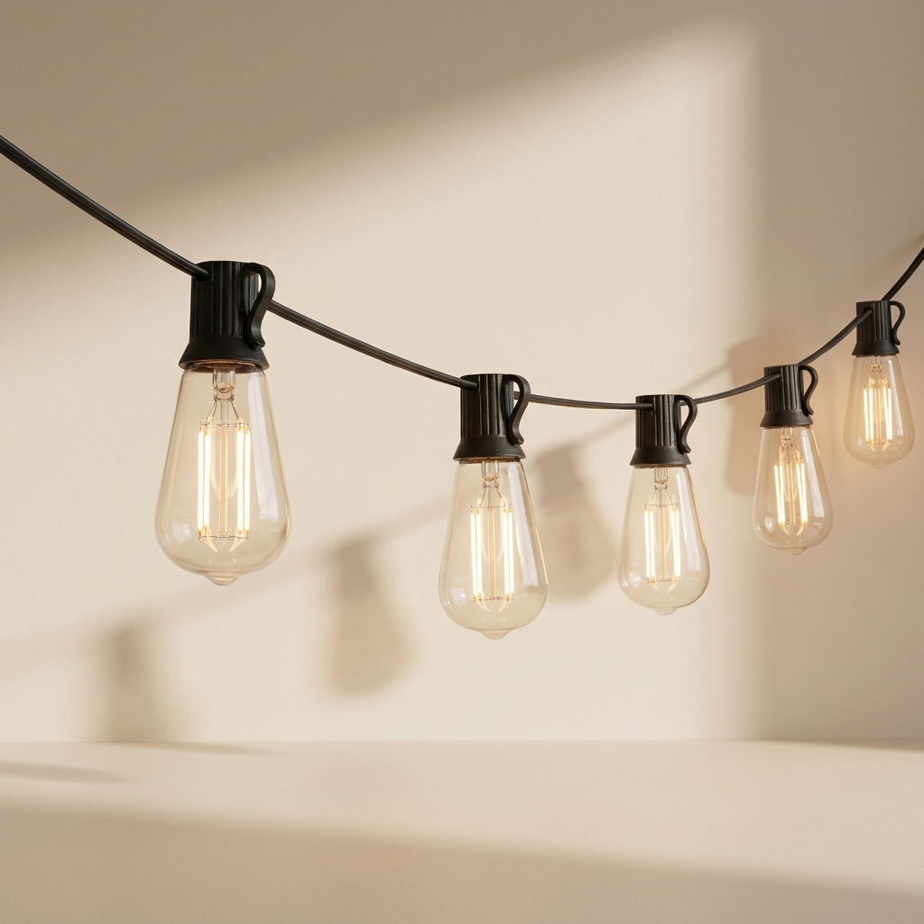 A string of vintage-style clear glass globe pendant lights with black metal sockets, suspended on a black cord against a warm beige wall.