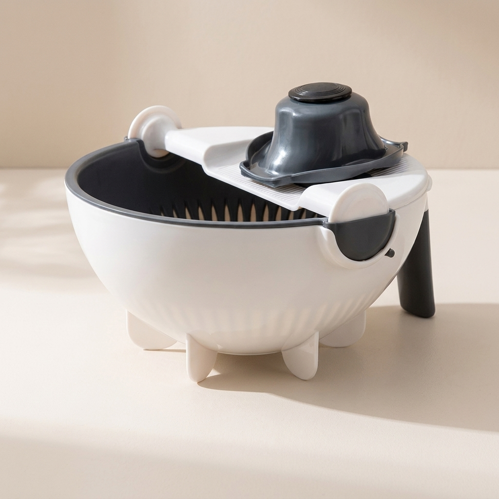 A white and dark gray plastic multi-functional vegetable peeler and chopper with a bowl base, shown on a clean beige background.