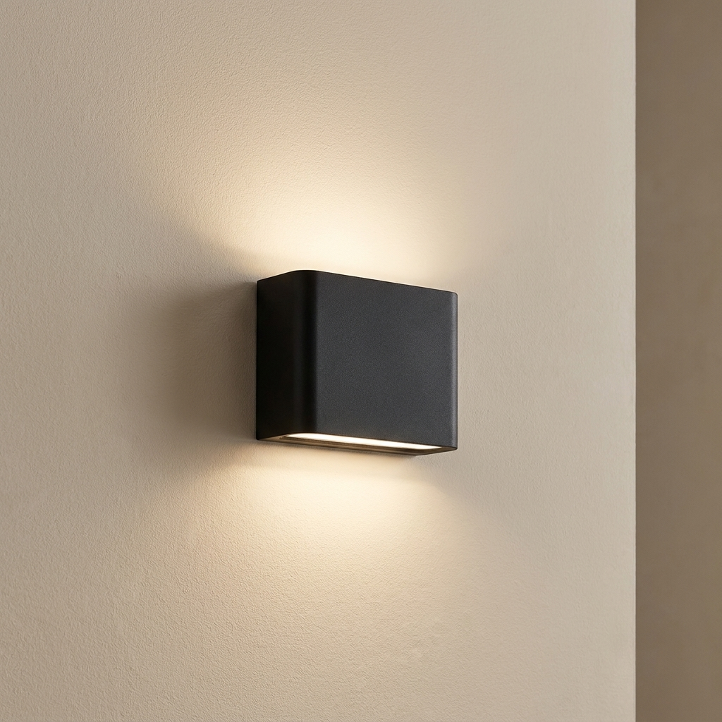 A modern square black wall sconce light fixture mounted on a beige textured wall, casting a warm glow downward and upward.