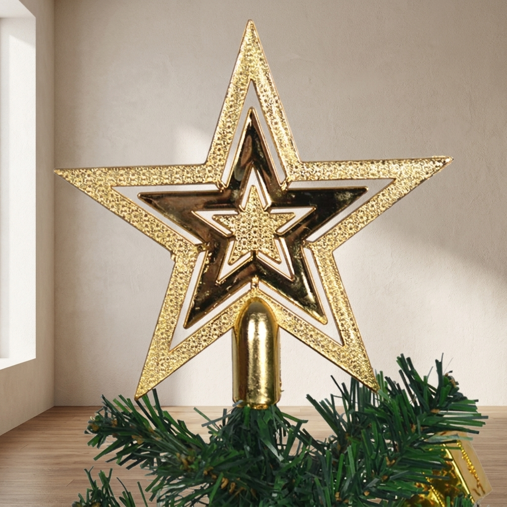 A large gold metallic star tree topper with layered star designs, displayed on a green Christmas tree branch against a neutral indoor wall.