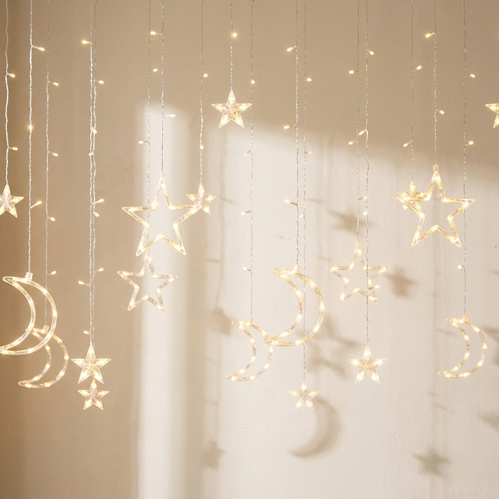 LED Star Curtain Lights with 5 Warm White Stars and 6-Hour Timer