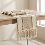 Woven Table Runner with Lace Cut-Out Details and Tassels