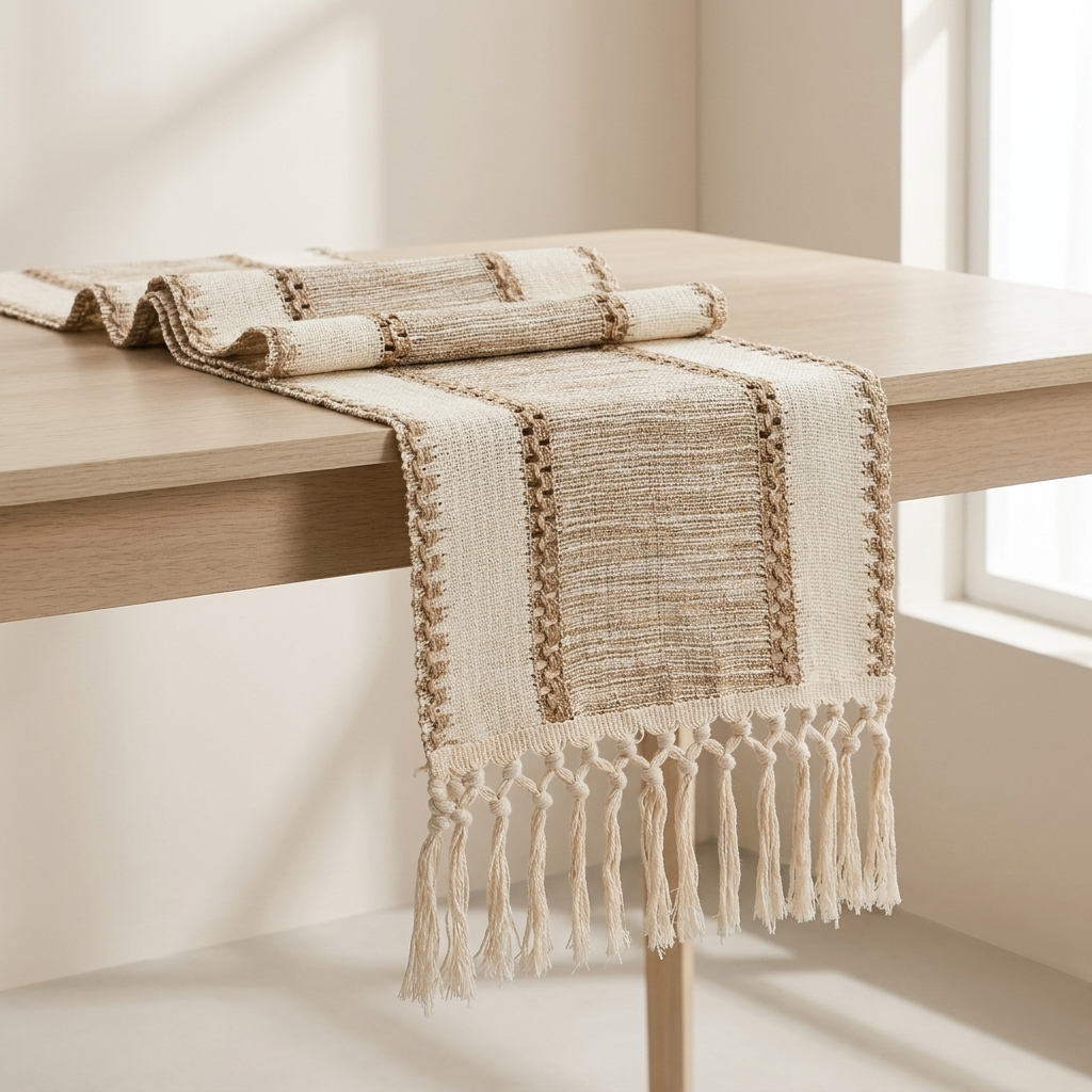 Woven Table Runner with Lace Cut-Out Details and Tassels