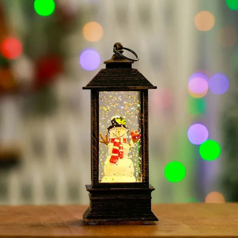 Decorative lantern with a snowman inside, surrounded by colorful lights.