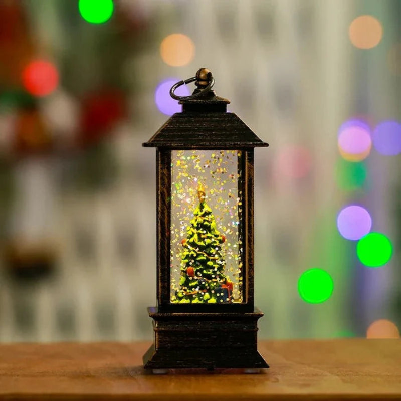 Decorative lantern with a Christmas tree inside, colorful lights in the background