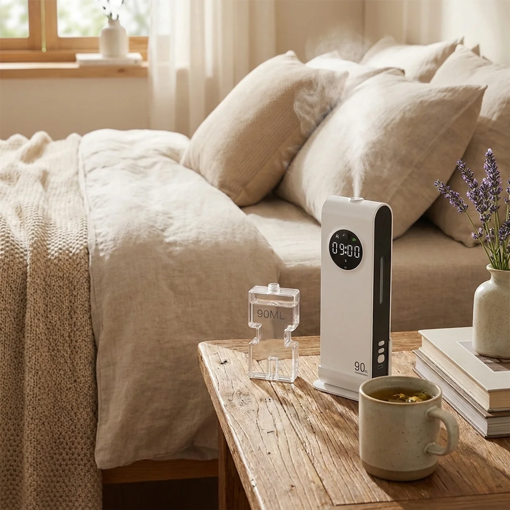 Room with a bed, wooden table, and a humidifier on a nightstand.