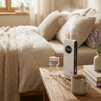 Room with a bed, wooden table, and a humidifier on a nightstand.