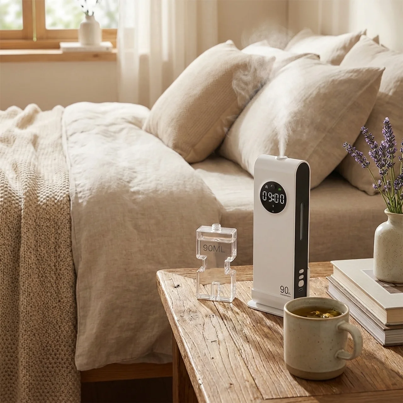 Room with a bed, wooden table, and a humidifier on a nightstand.
