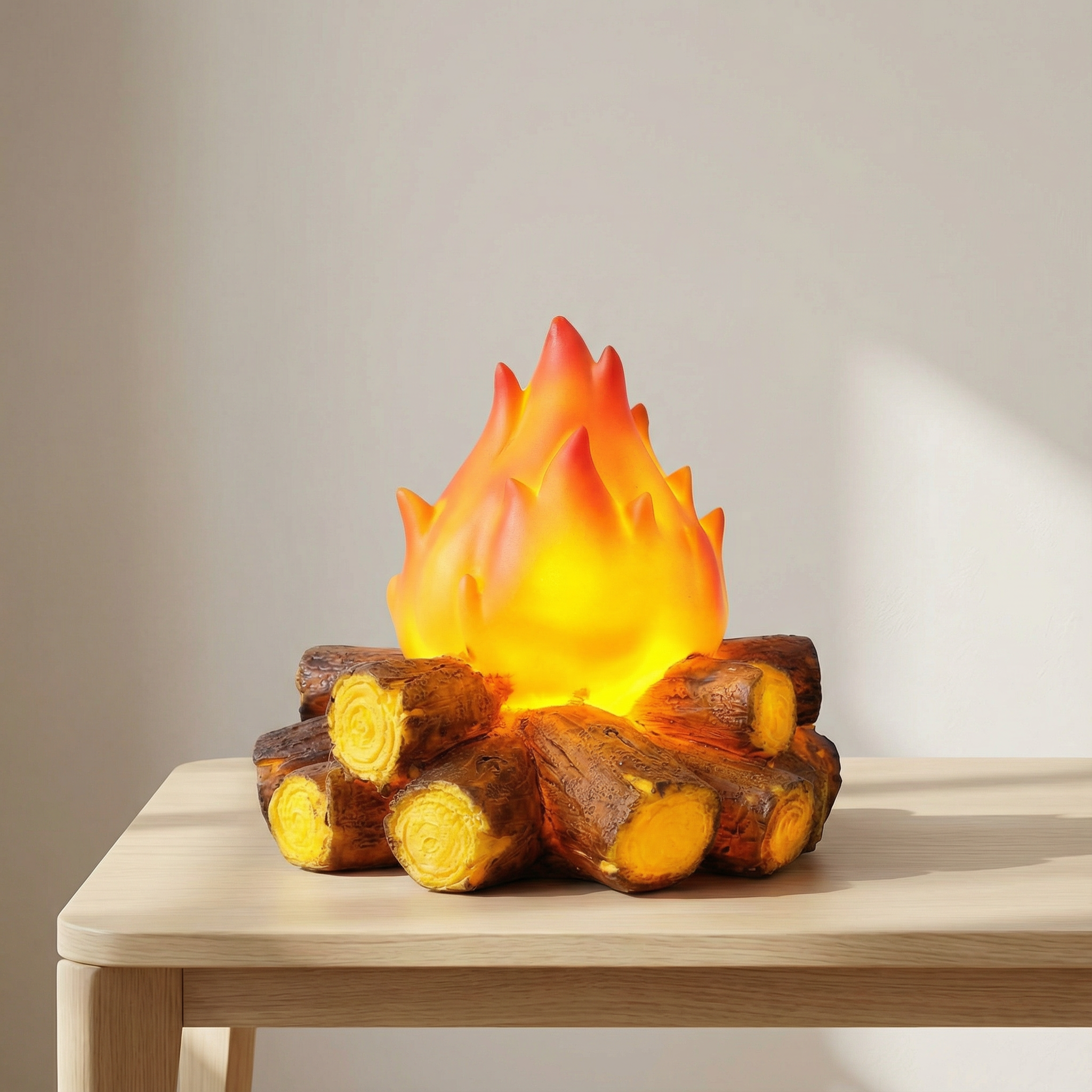 Fire pit lamp with glowing flames and wooden logs on a table against a neutral background