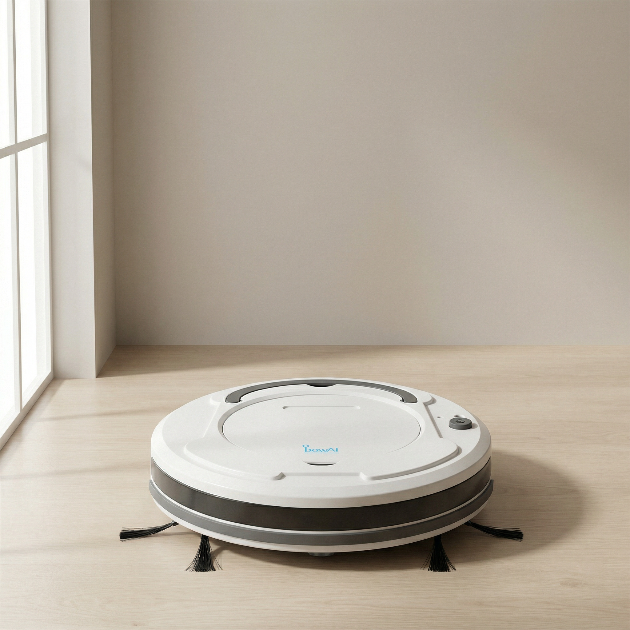 Robotic vacuum cleaner on a wooden floor with a light-colored wall in the background