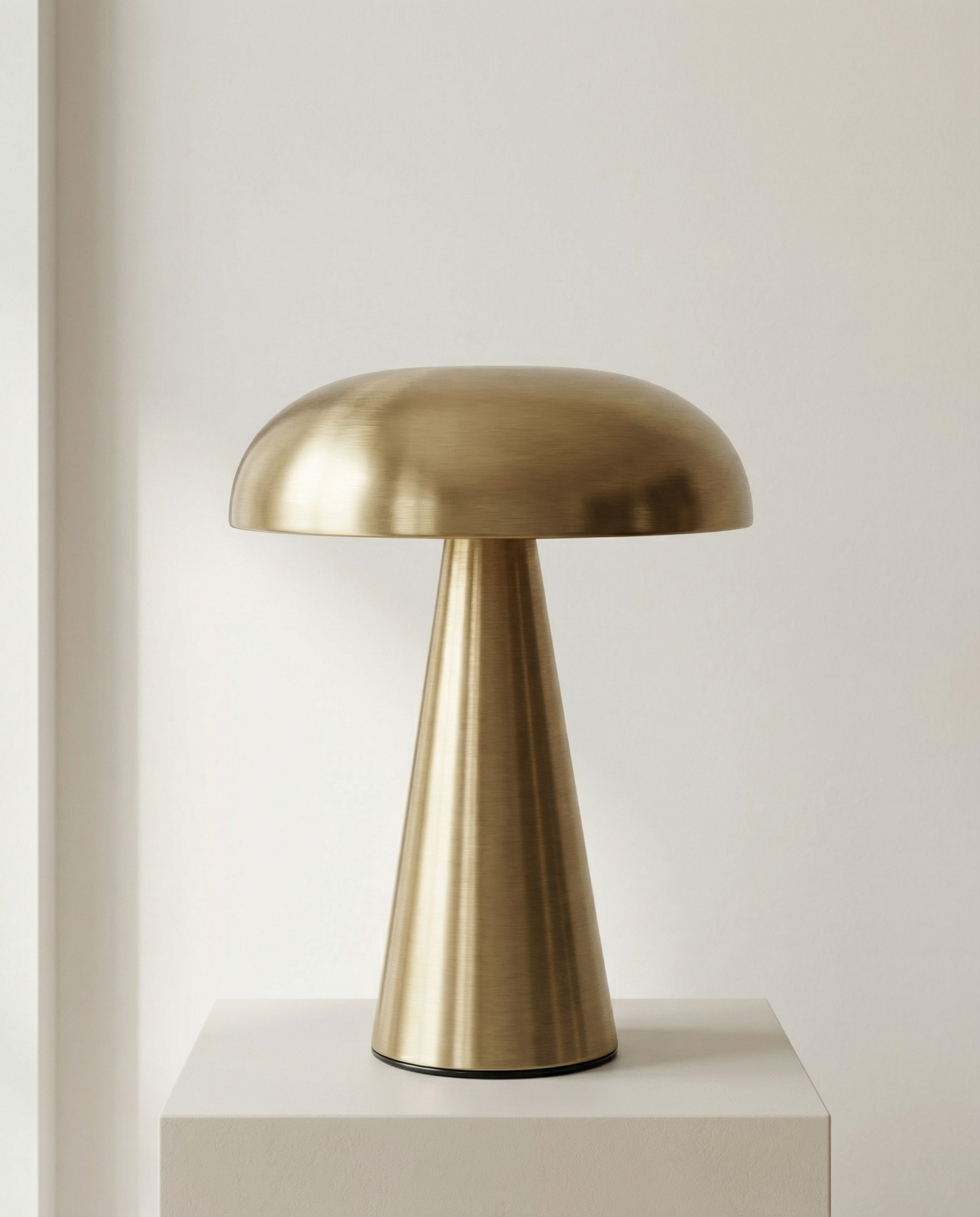 Gold table lamp on a white pedestal against a light gray background