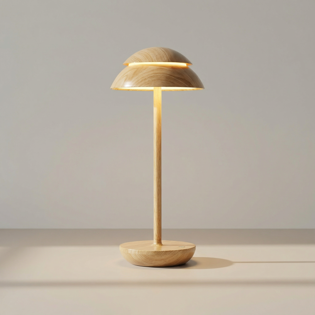 Wooden table lamp with a dome-shaped shade on a neutral background