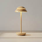Wooden table lamp with a dome-shaped shade on a neutral background