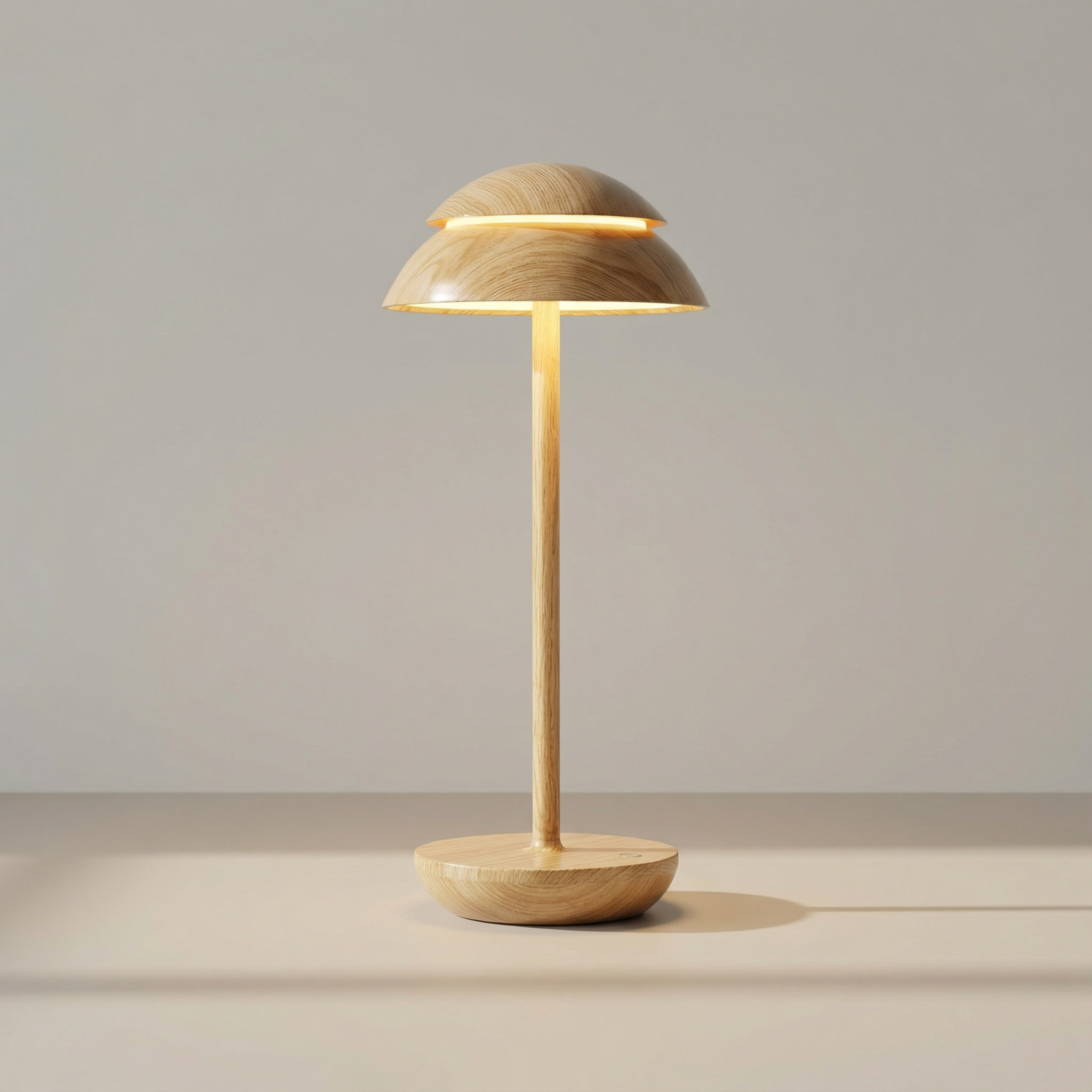 Wooden table lamp with a dome-shaped shade on a neutral background