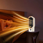 Person lying on a bed with a white air purifier emitting light beams in a bedroom setting.