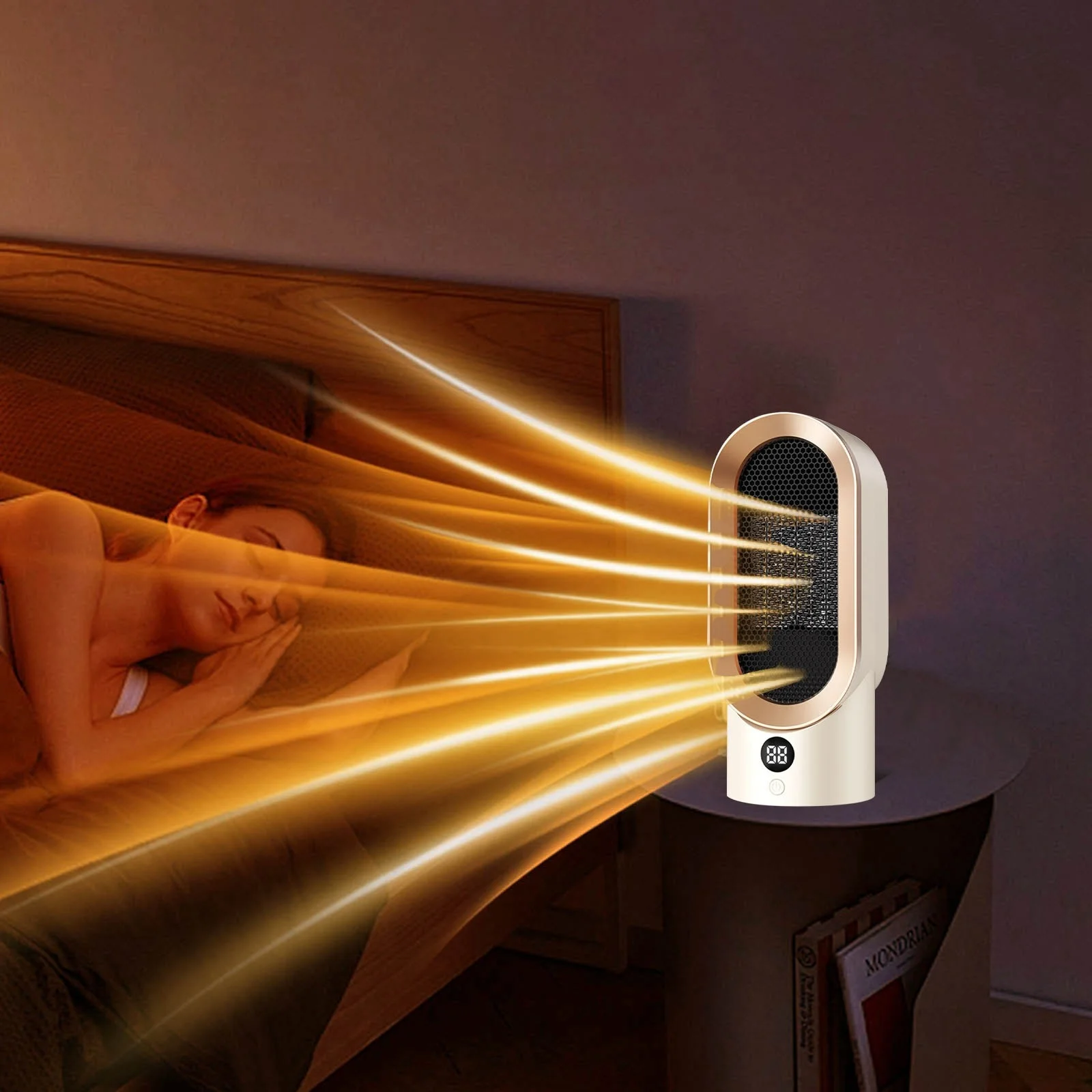 Person lying on a bed with a white air purifier emitting light beams in a bedroom setting.