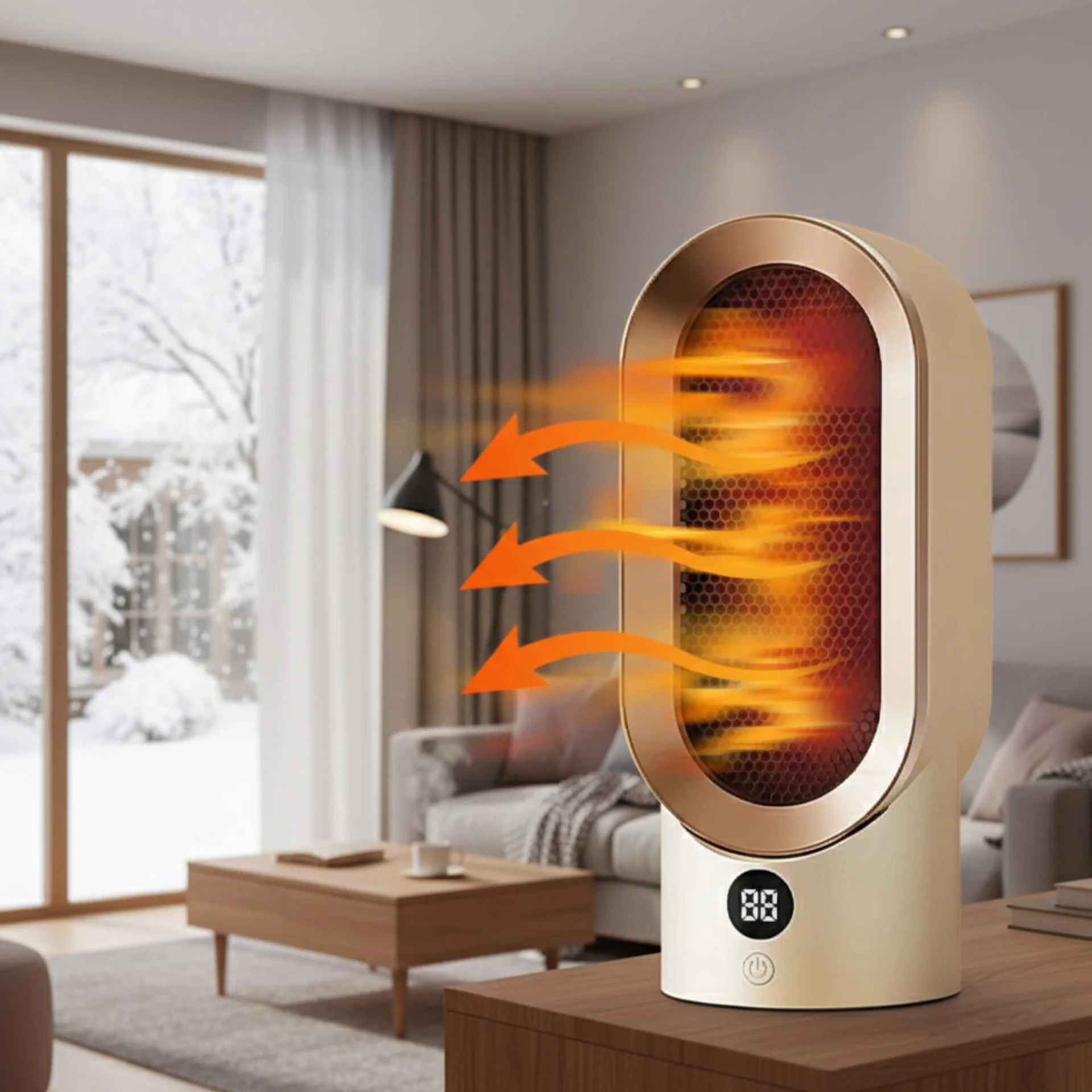 Portable space heater on a table in a living room with arrows indicating heat flow.