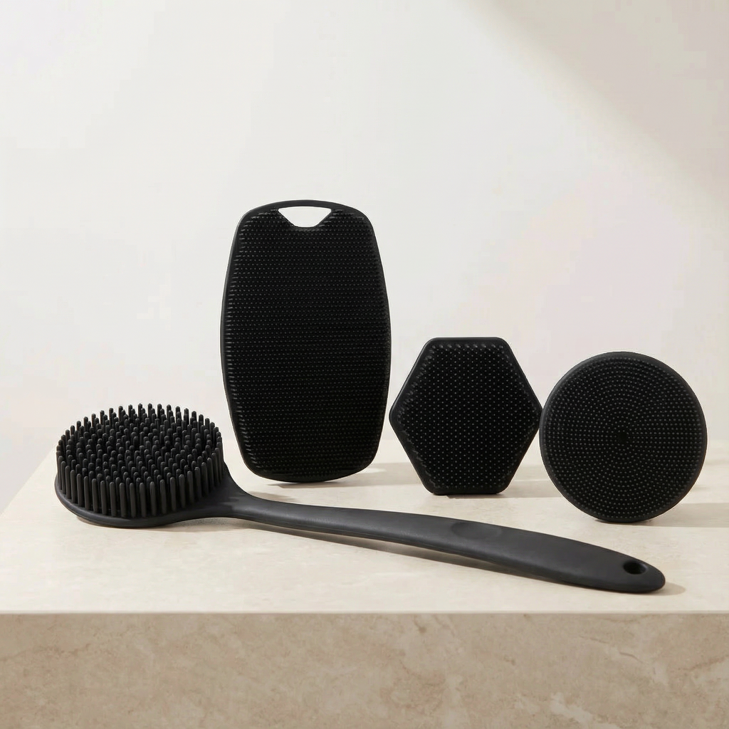 4-Piece Silicone Bathroom Brush Set for Easy and  Hygienic Cleaning