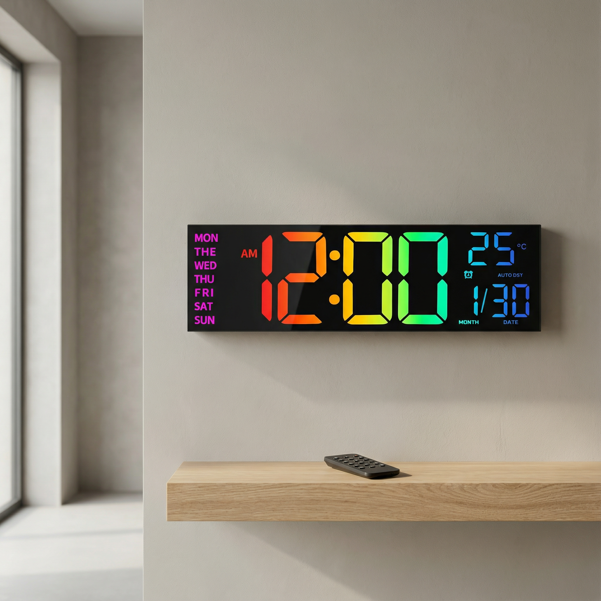 Digital wall clock with colorful display on a light gray wall.
