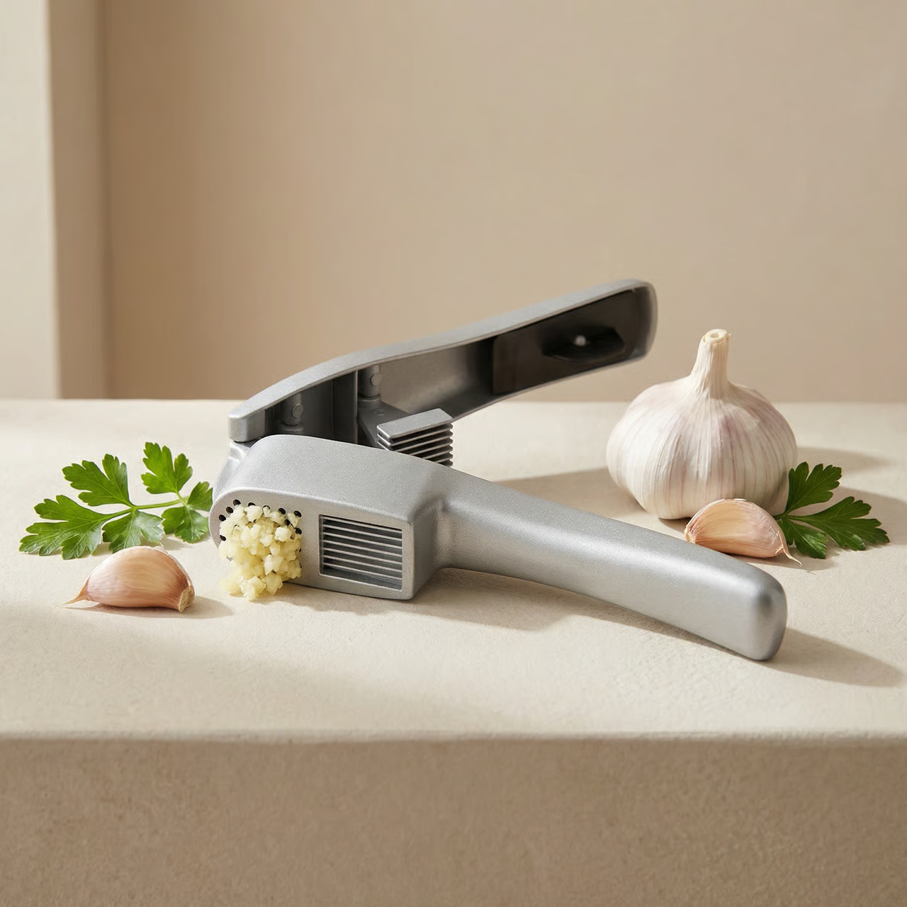 Garlic press with garlic cloves and parsley on a beige surface