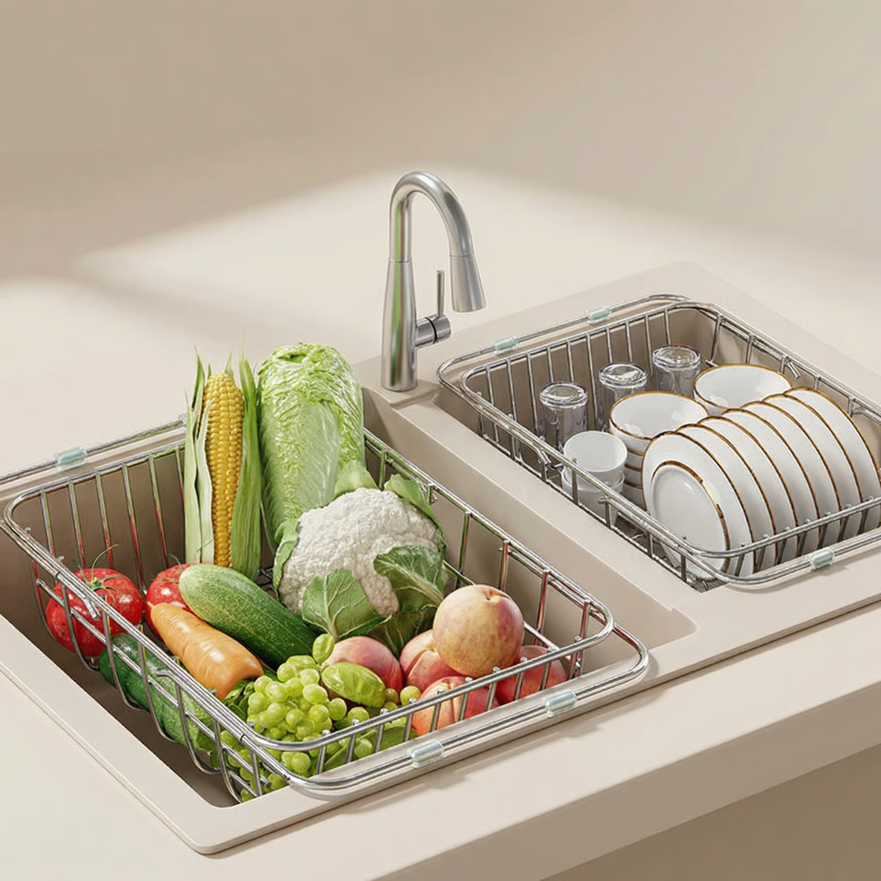 Kitchen sink with vegetables and a dish rack containing plates.