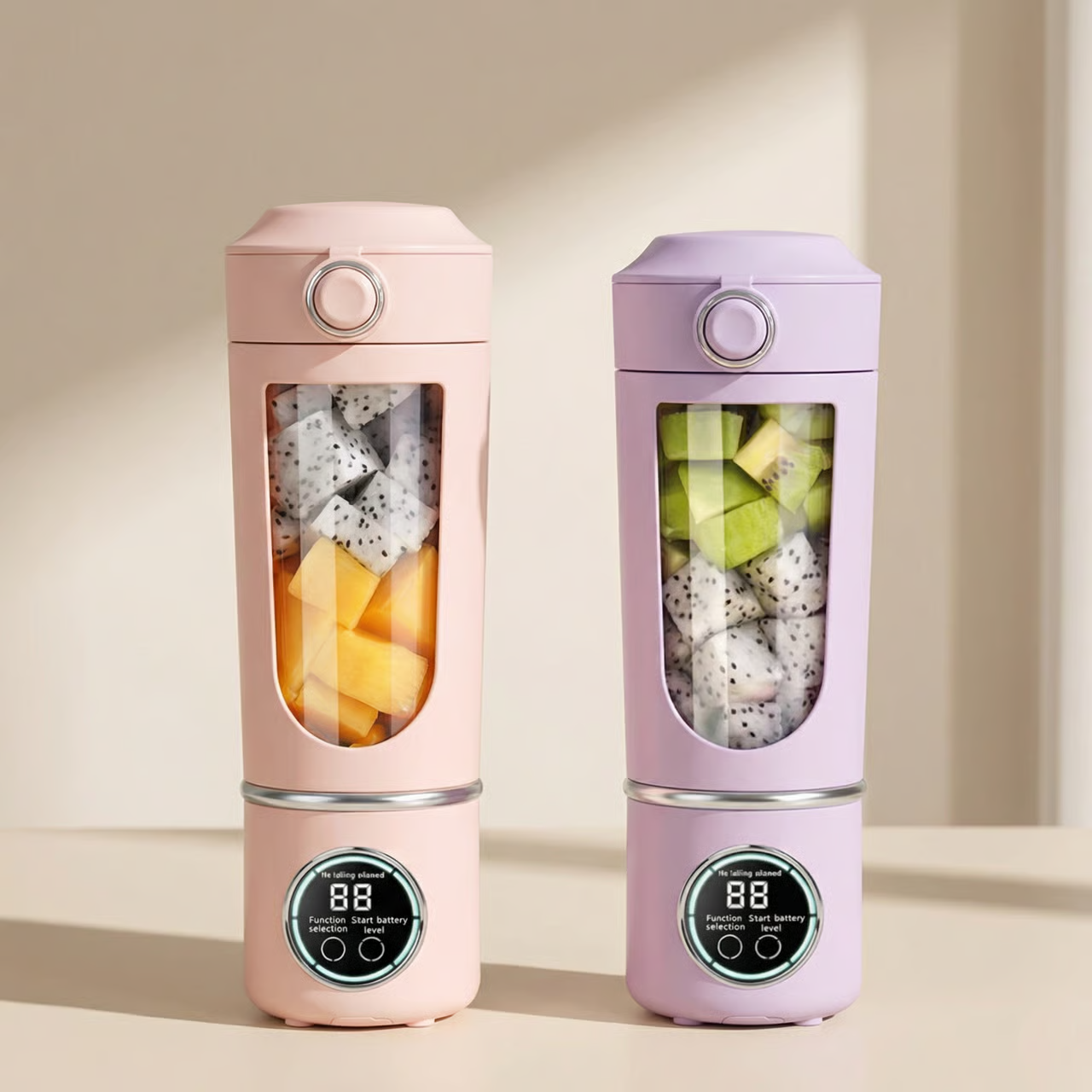 Two portable blender bottles with fruits inside on a neutral background