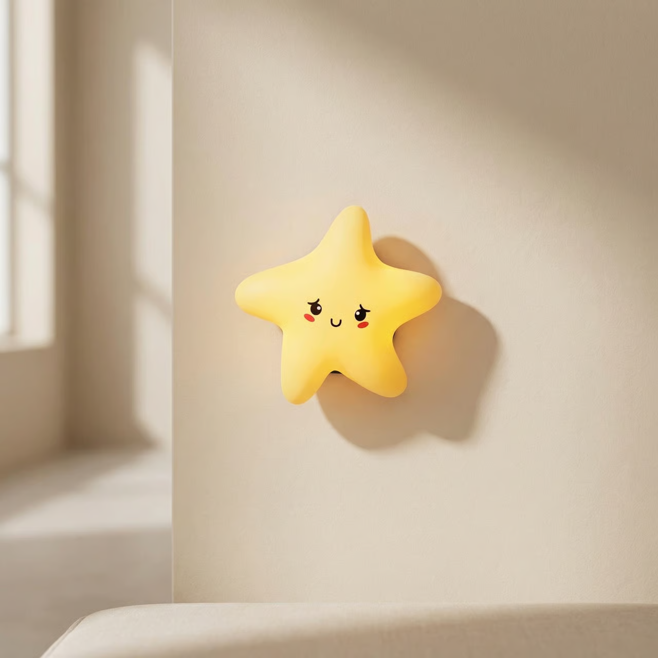 Star-shaped night light with a smiling face on a beige wall.
