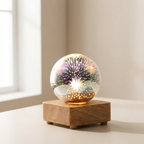 Decorative glass ball with colorful light effects on a wooden base in a bright room.